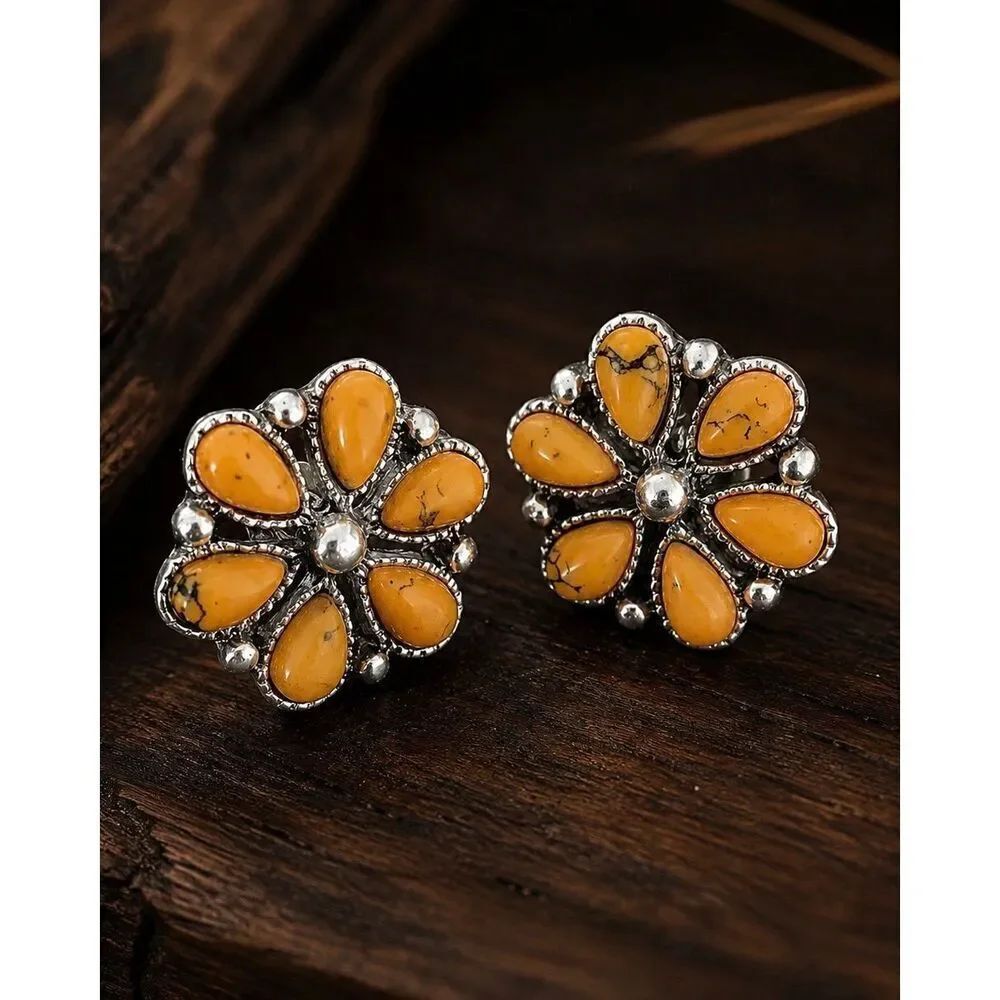 Yellow Cluster Flower Stud Earrings, Faux Spiny Oyster - Petite